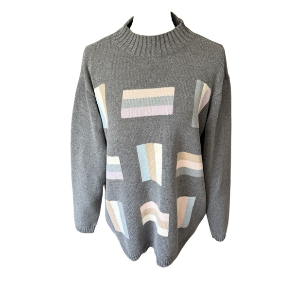 Vtg Elisabeth Liz Claiborne Gray pink abstract Patterned Women's Sweater 2x top - Picture 1 of 3